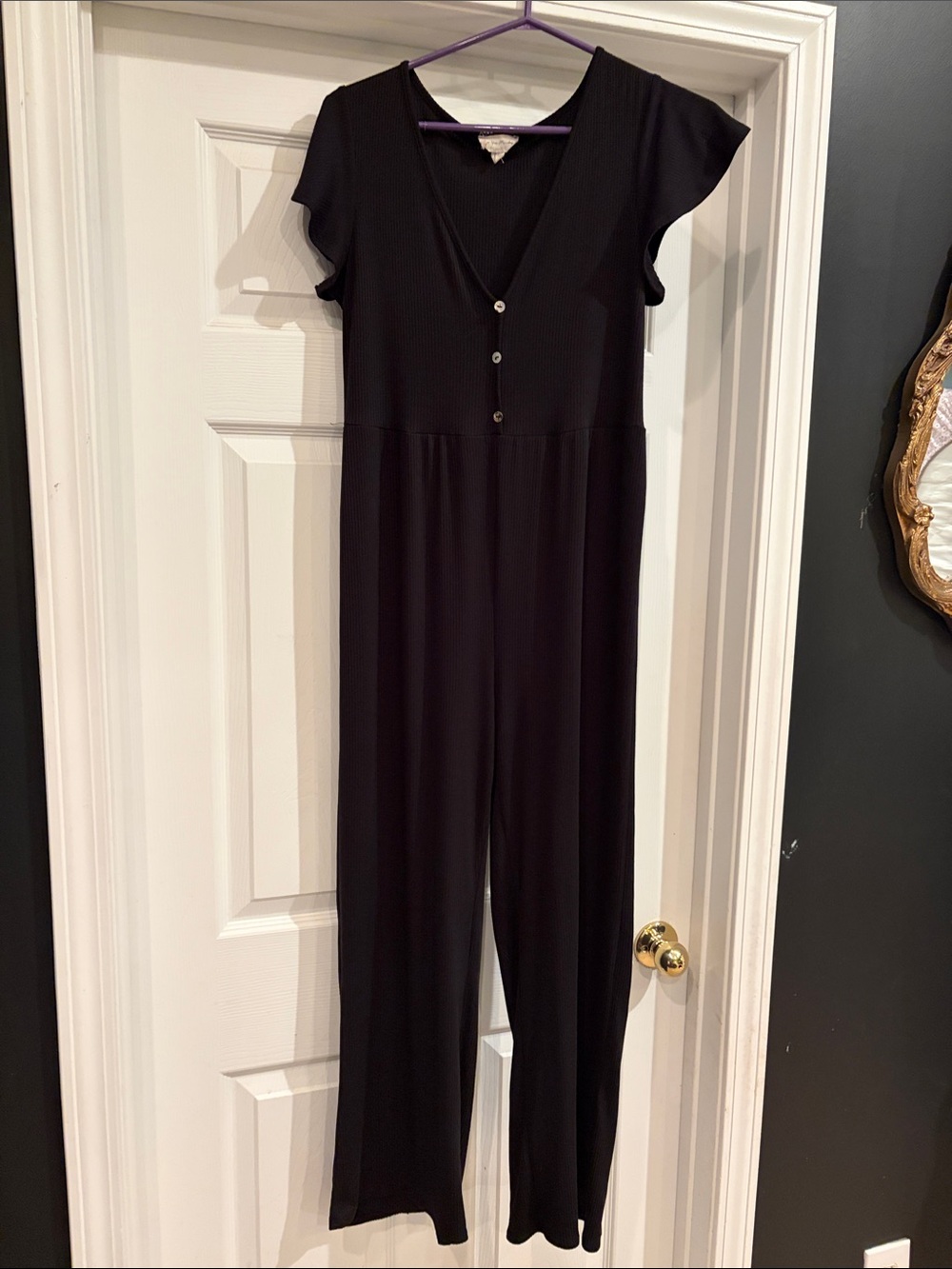 See You Monday Black V-Neck Short Sleeve Jumpsuit with Button Front